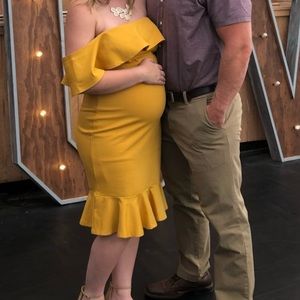 Lulus Mustard Yellow off the shoulder dress